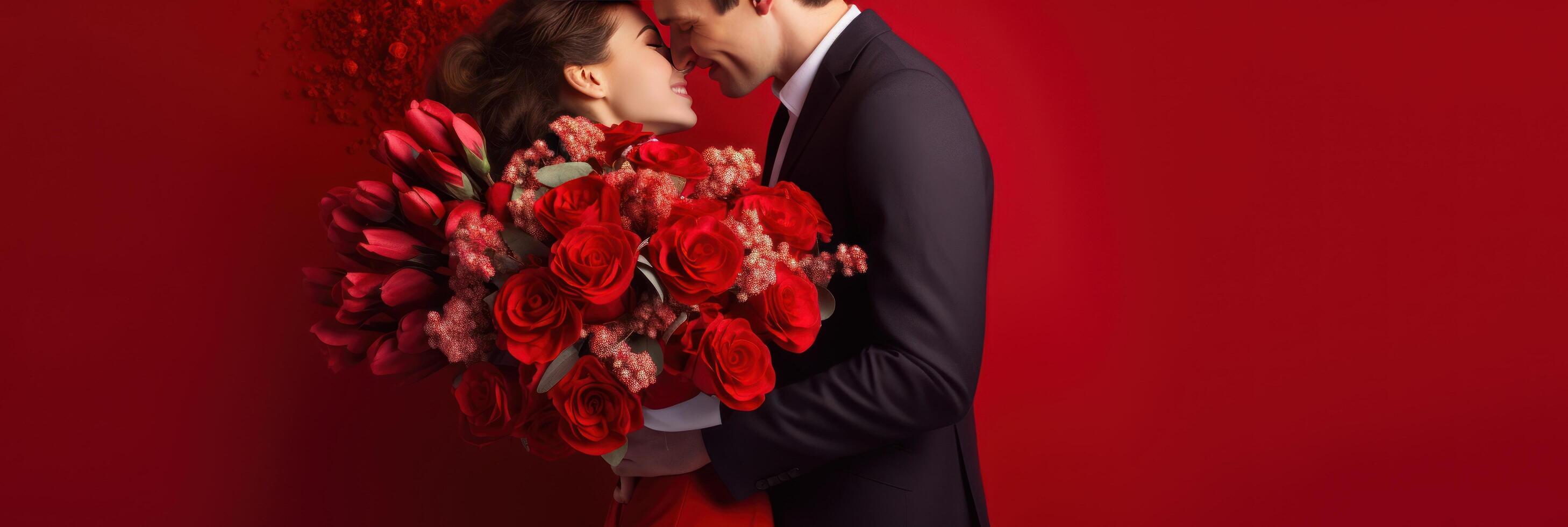 AI generated Happy young couple celebrating Valentine's Day in a large room. red background With a large bouquet of red flowers photo