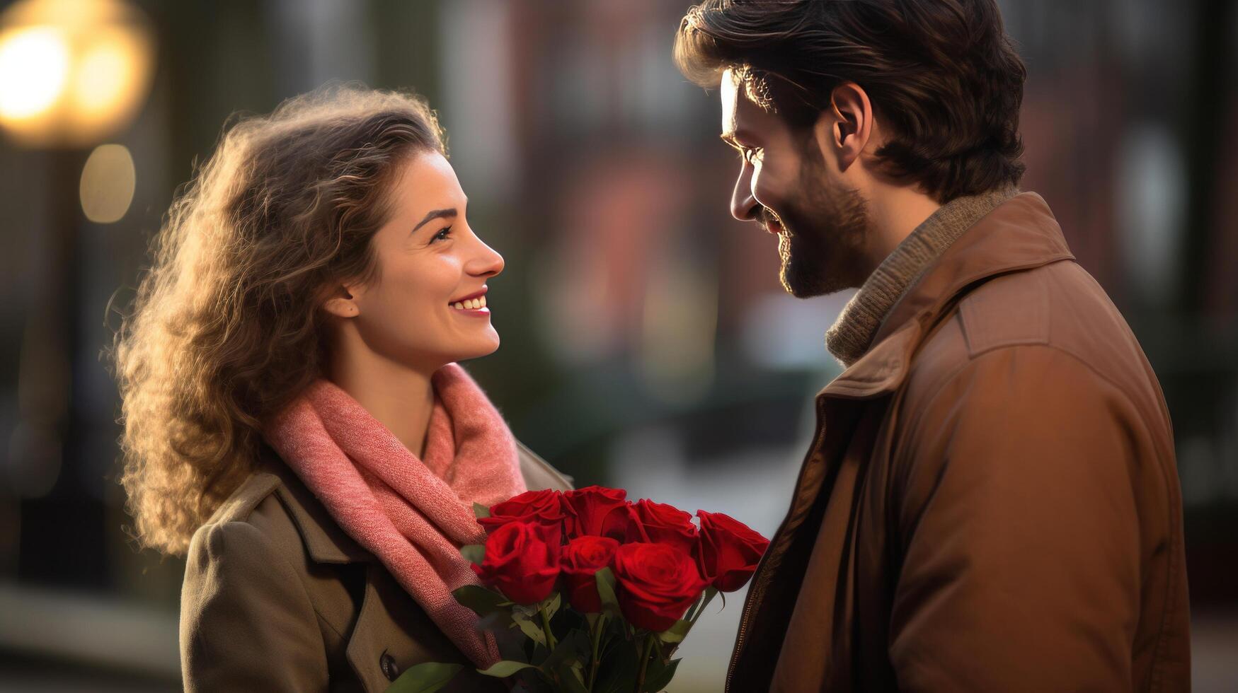 AI generated Smiling man gives flowers to woman on Valentine's Day photo
