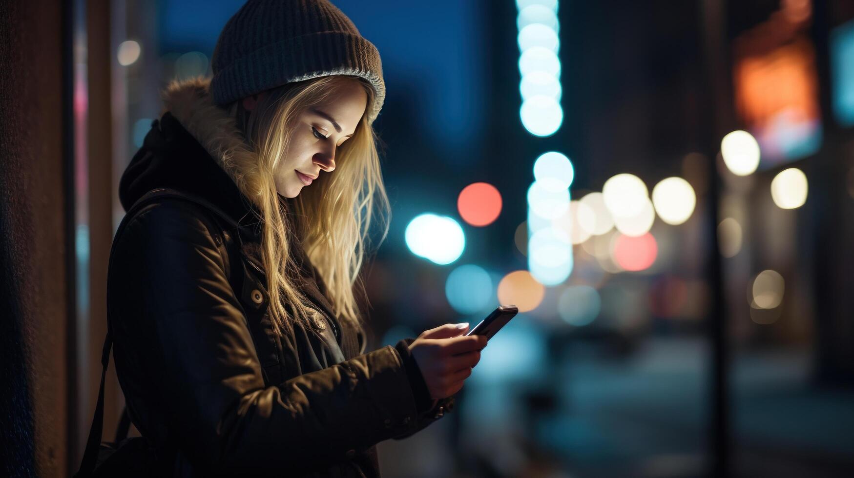AI generated Close-up of woman using mobile phone at night at night photo