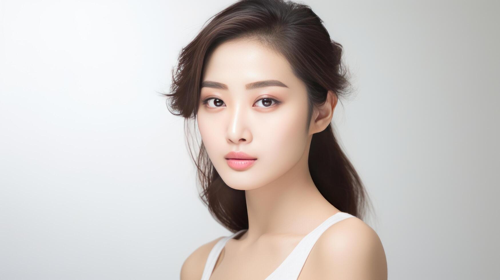 AI generated Beautiful Asian girl with clean, fresh skin on white background. Facial care photo