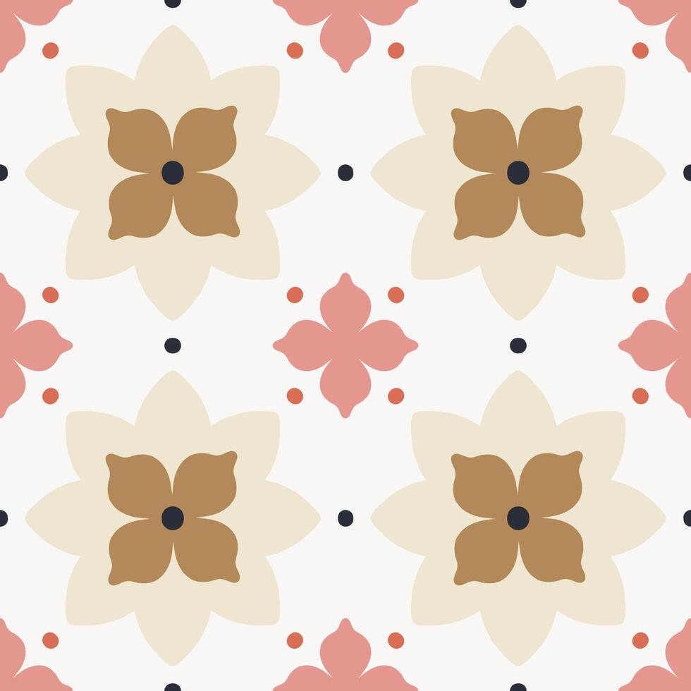 Elegant modern seamless pattern with geometric floral tiles. Vector abstract texture in traditional ceramic tile style. Symmetrical background with flowers and dots