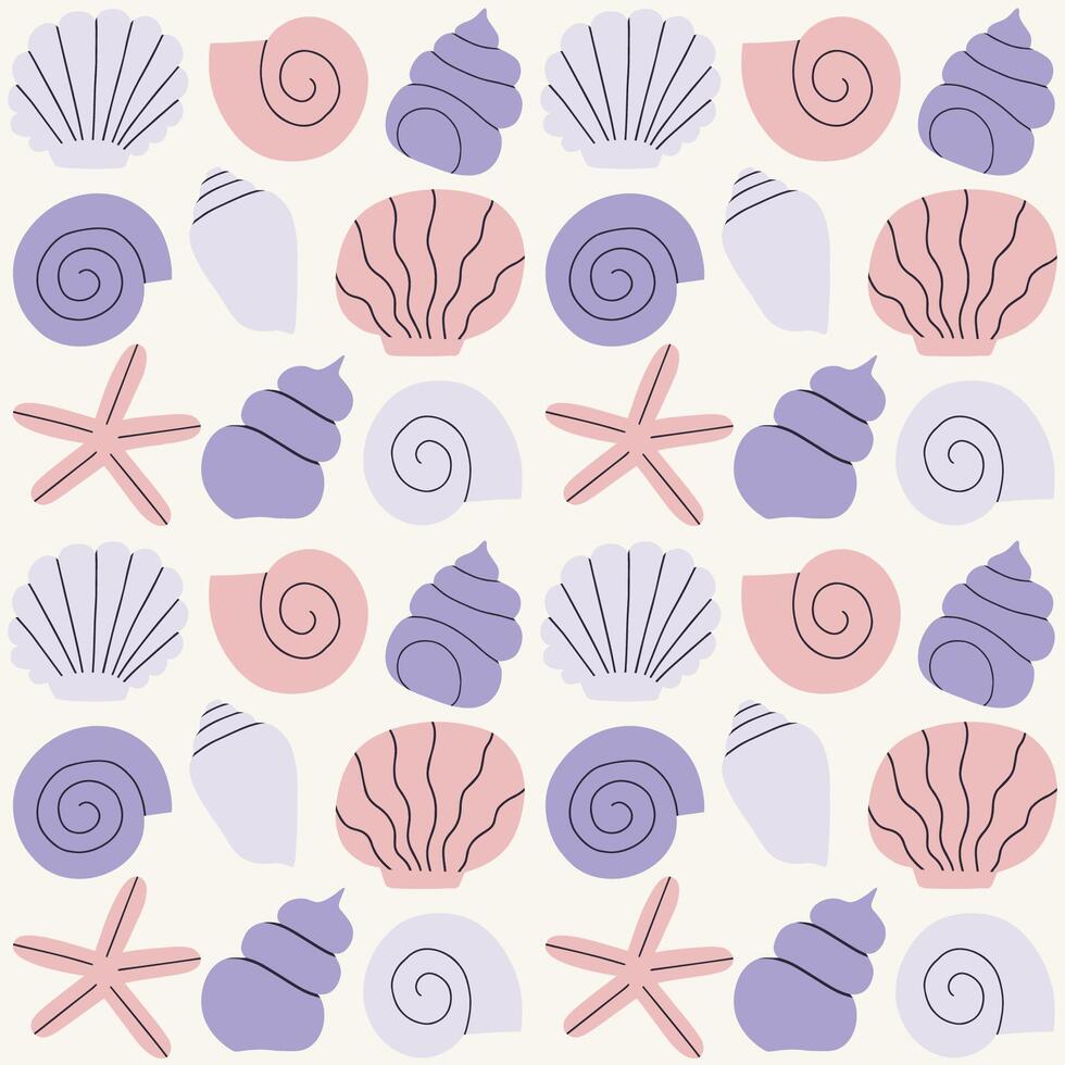 Cute and simple vector pattern with different Sea Shells in a row. Hand drawn seamless texture with exotic ocean shells. Beautiful marine background