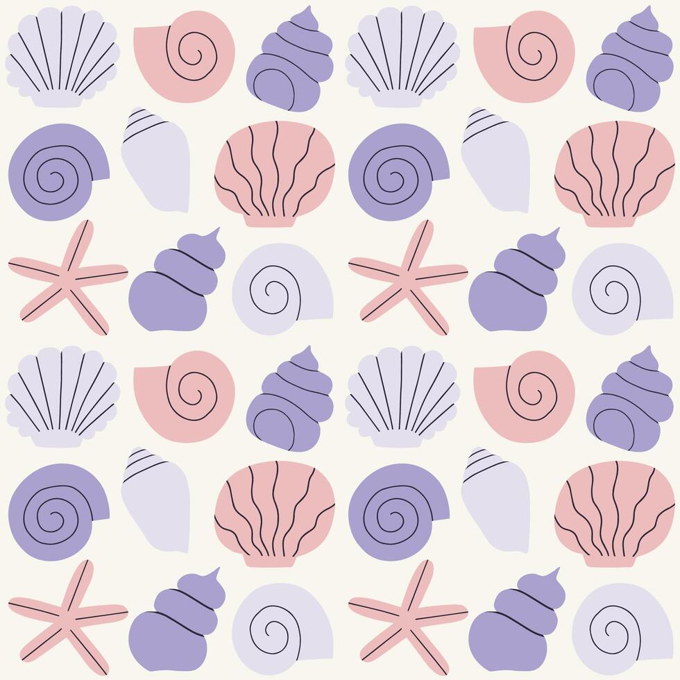 Cute and simple vector pattern with different Sea Shells in a row. Hand drawn seamless texture with exotic ocean shells. Beautiful marine background