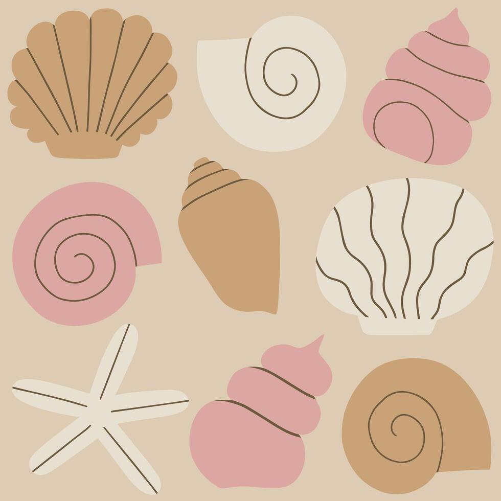 linda y sencillo vector modelo con diferente mar conchas en un fila. mano dibujado sin costura textura con exótico Oceano conchas hermosa marina antecedentes