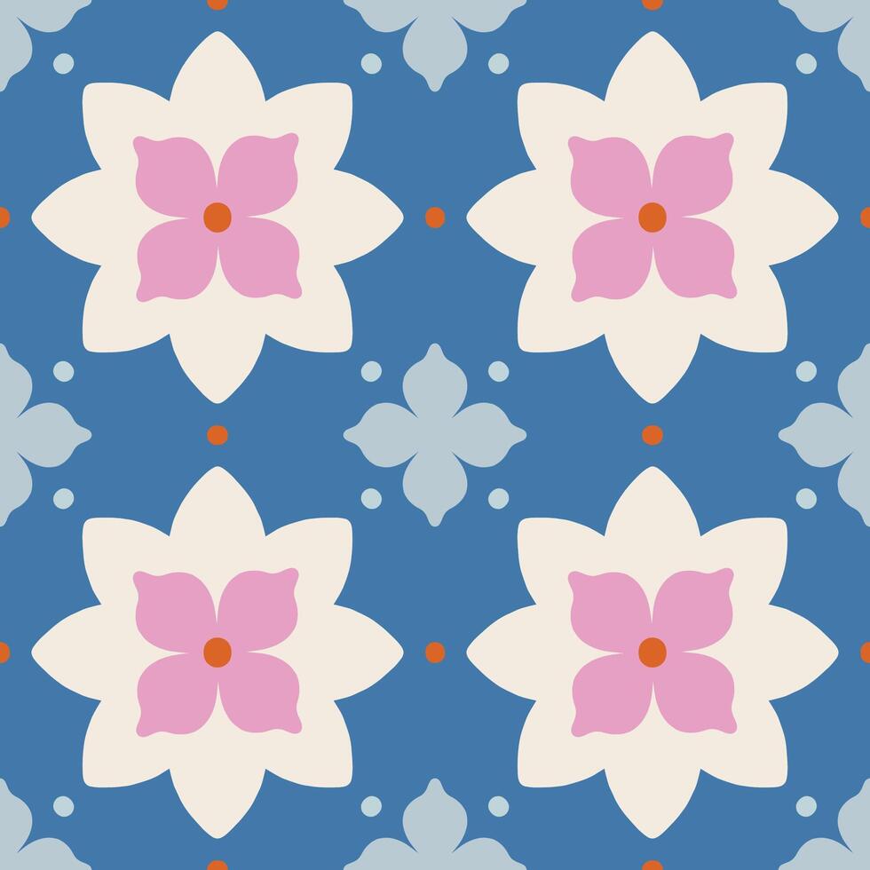 Elegant modern seamless pattern with geometric floral tiles. Vector abstract texture in traditional ceramic tile style. Symmetrical background with flowers and dots