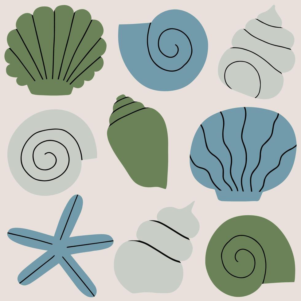Cute and simple vector pattern with different Sea Shells in a row. Hand drawn seamless texture with exotic ocean shells. Beautiful marine background
