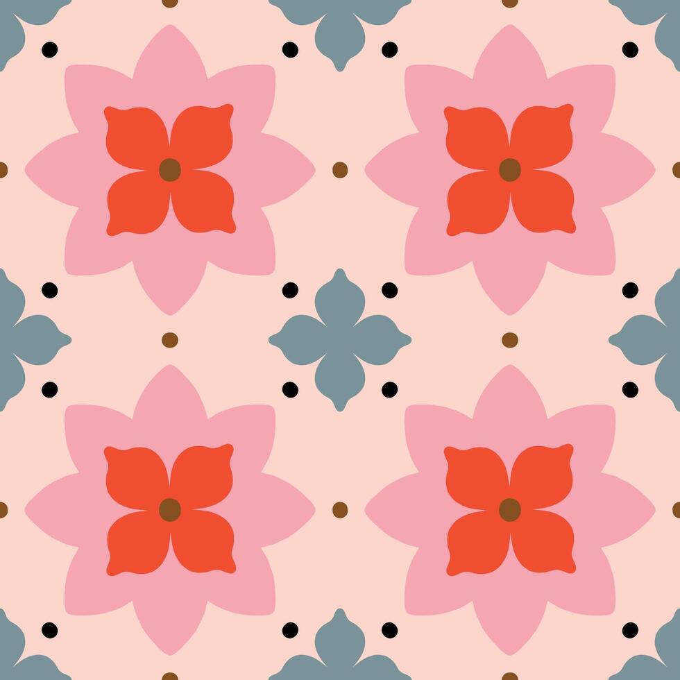 Elegant modern seamless pattern with geometric floral tiles. Vector abstract texture in traditional ceramic tile style. Symmetrical background with flowers and dots