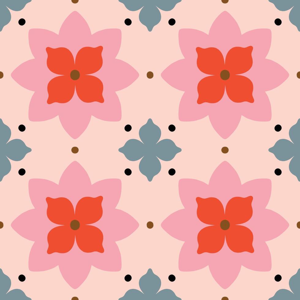 elegante moderno sin costura modelo con geométrico floral losas. vector resumen textura en tradicional cerámico loseta estilo. simétrico antecedentes con flores y puntos