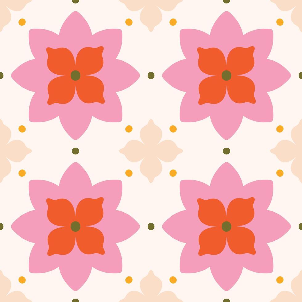 Elegant modern seamless pattern with geometric floral tiles. Vector abstract texture in traditional ceramic tile style. Symmetrical background with flowers and dots