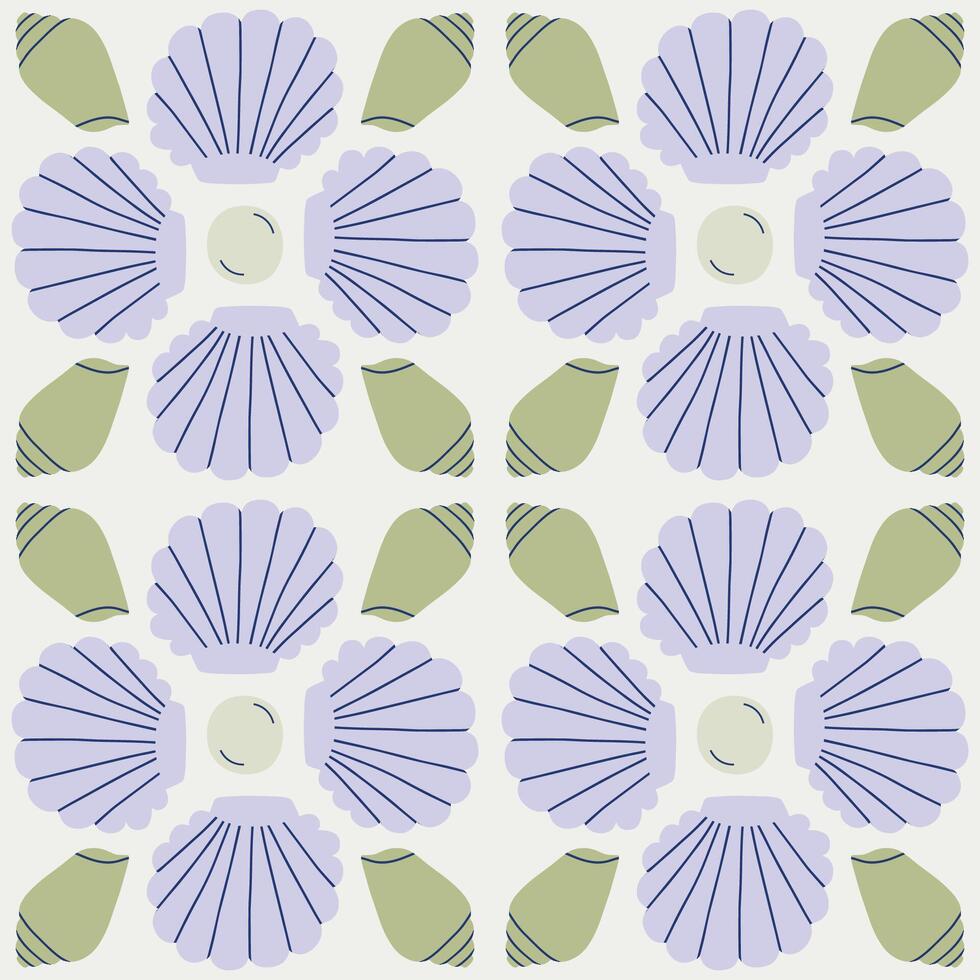 Beautiful seamless pattern with hand drawn Sea Shells and Pearls. Vector marine texture with symmetrical shells. Beautiful undersea background