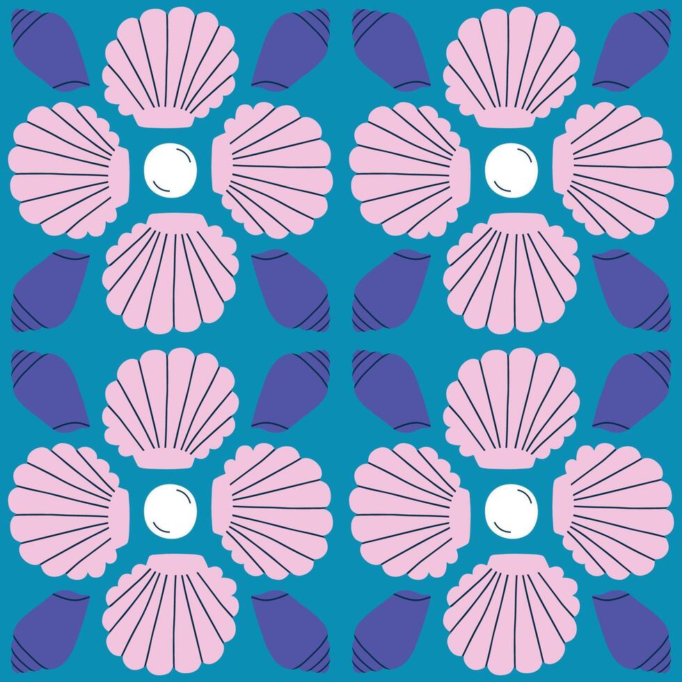 Beautiful seamless pattern with hand drawn Sea Shells and Pearls. Vector marine texture with symmetrical shells. Beautiful undersea background