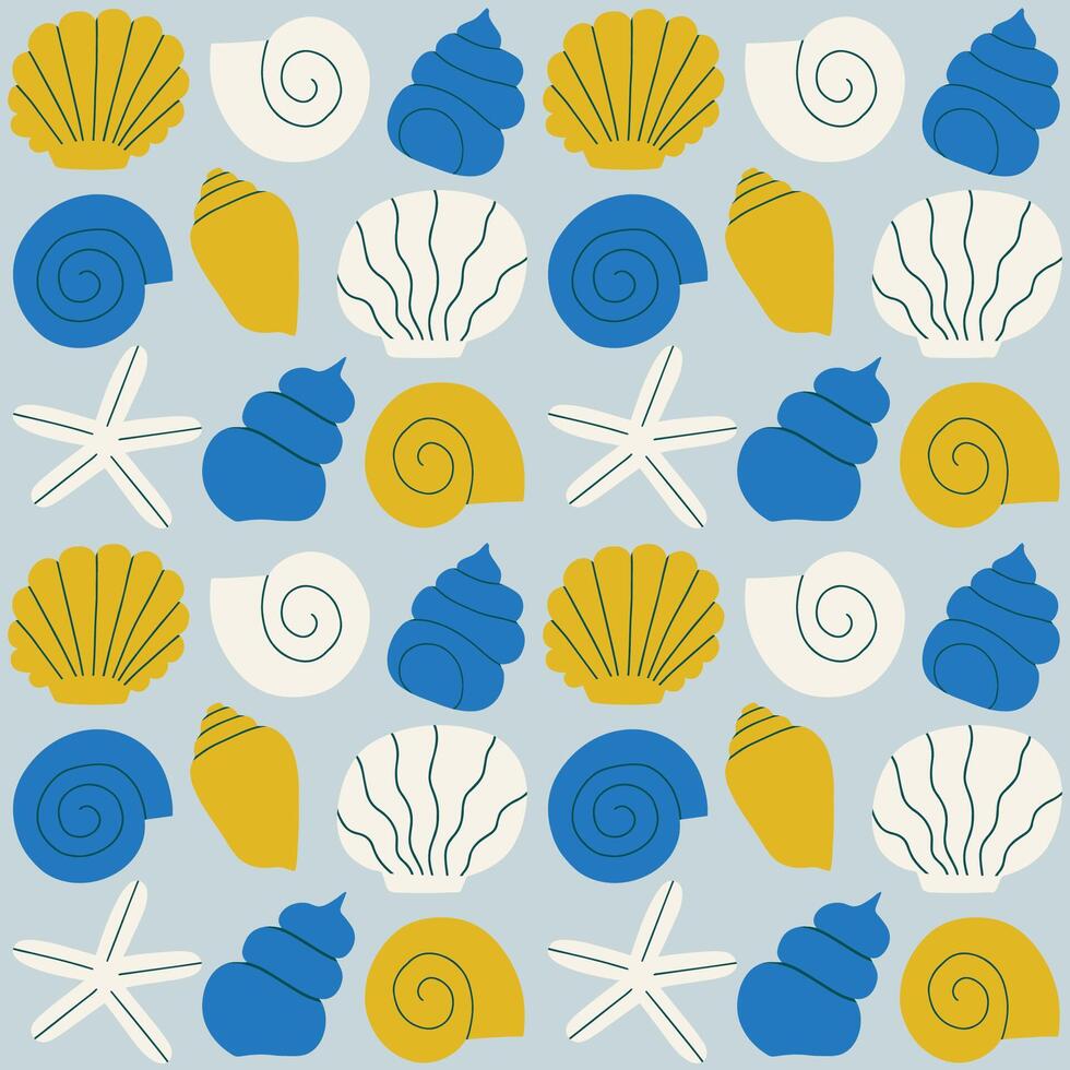 Cute and simple vector pattern with different Sea Shells in a row. Hand drawn seamless texture with exotic ocean shells. Beautiful marine background