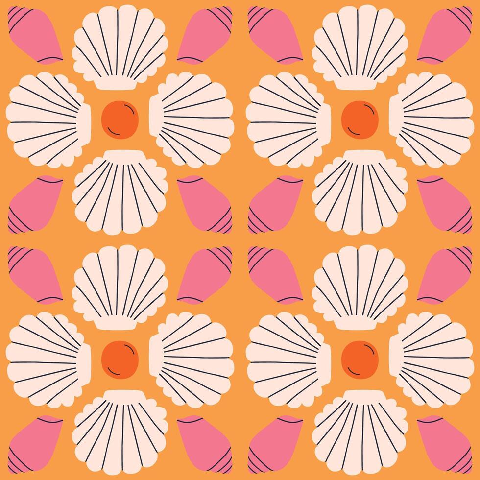 Beautiful seamless pattern with hand drawn Sea Shells and Pearls. Vector marine texture with symmetrical shells. Beautiful undersea background