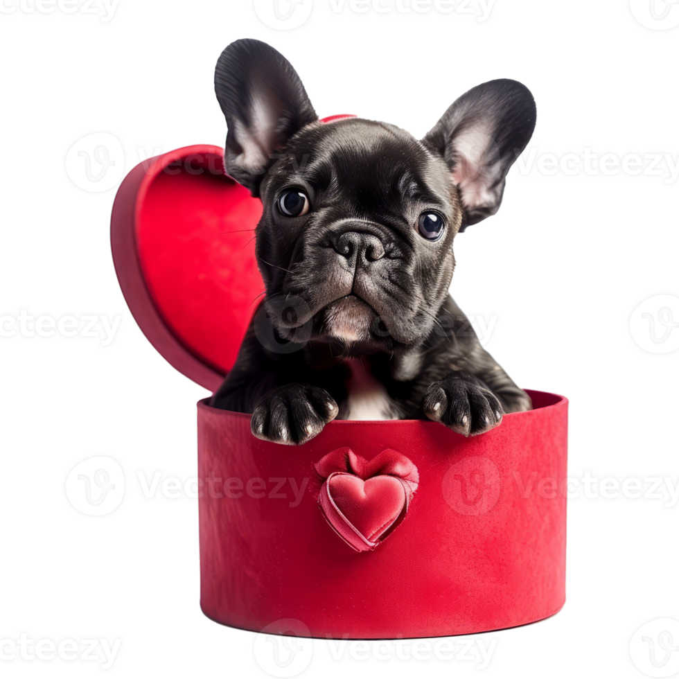 Valentine's day puppy. French Bulldog dog peeking out of red heart shaped gift box png