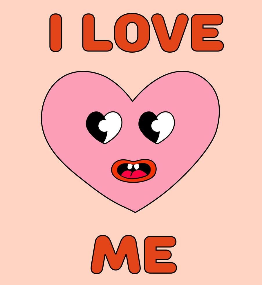 Anti Valentine Day Card. Pink Heart smile. I love me. Mascot in groovy and Y2k style. Greeting card, template, poster, print, party invitations and background. Vector flat illustration.