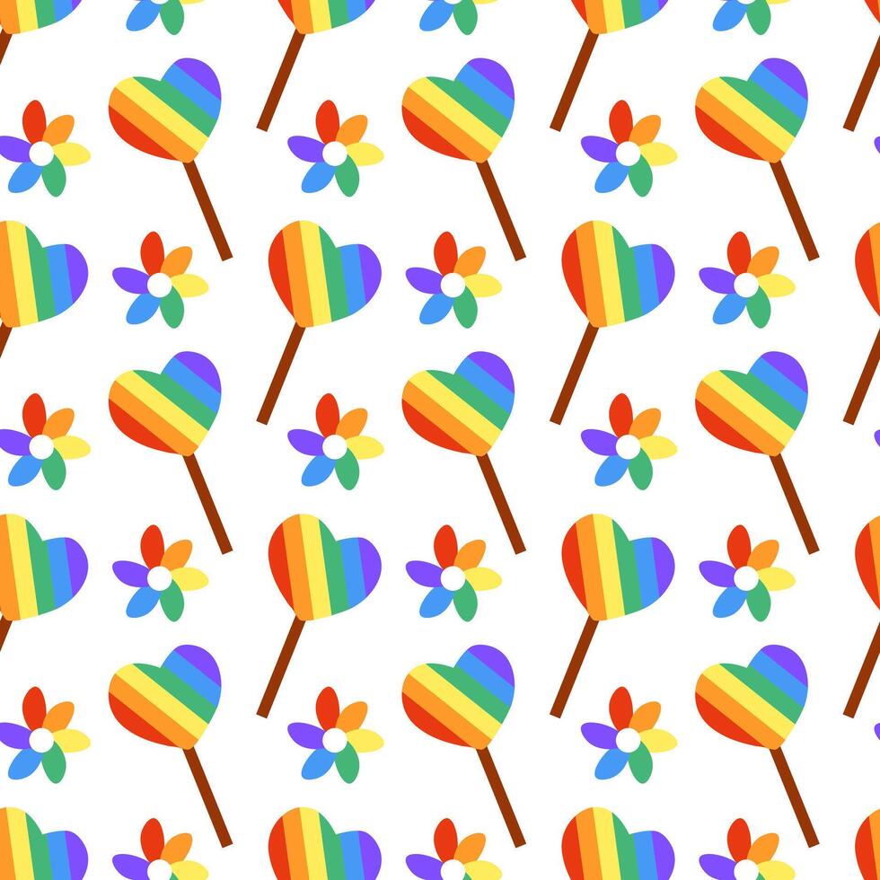 Seamless Pattern with Cute LGBT Lollipop rainbow on stick and flowers. Candy in form heart. LGBTQ. Symbol of the LGBT pride community. Flat vector illustration.