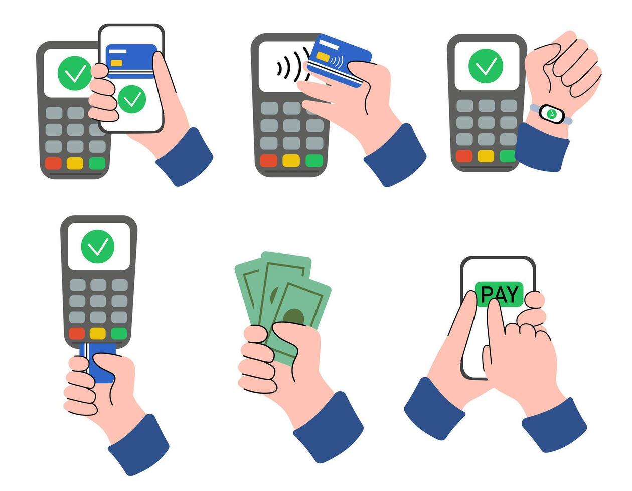 Contactless wireless cashless and contact payment set. Hands paying with bank debit cards, POS terminal, mobile phone app, smartwatch and cash. Flat graphic vector illustration.