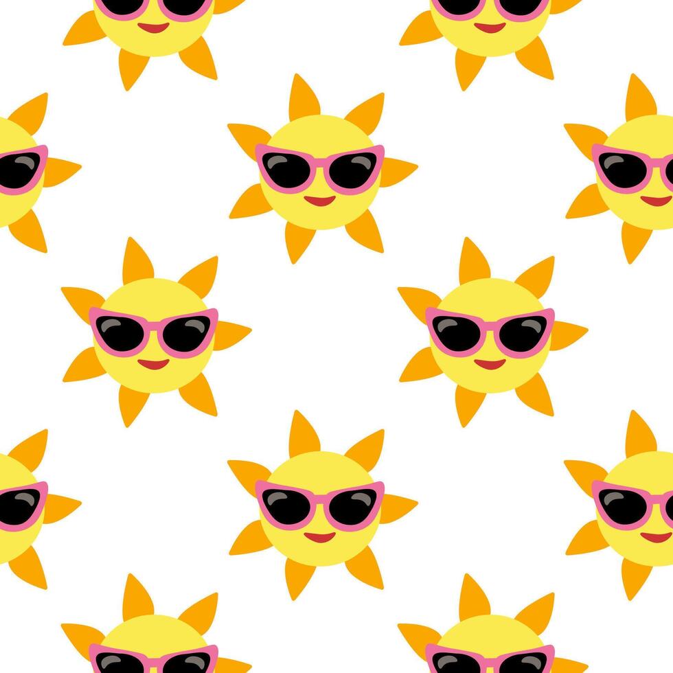 Seamless Pattern Sun with sunglasses and smile. Cartoon summer background. Vector illustration.