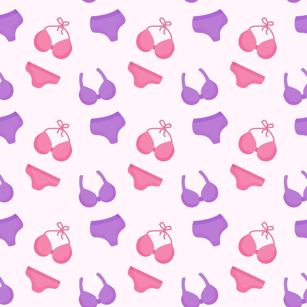Swimsuits seamless pattern. Purple and pink Bikini Summer background. Vector flat illustration.