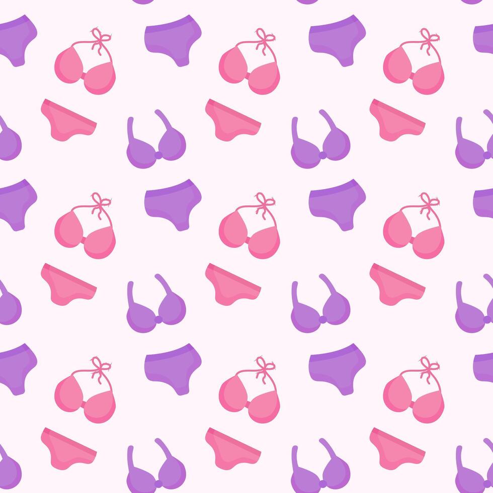 Swimsuits seamless pattern. Purple and pink Bikini Summer background. Vector flat illustration.