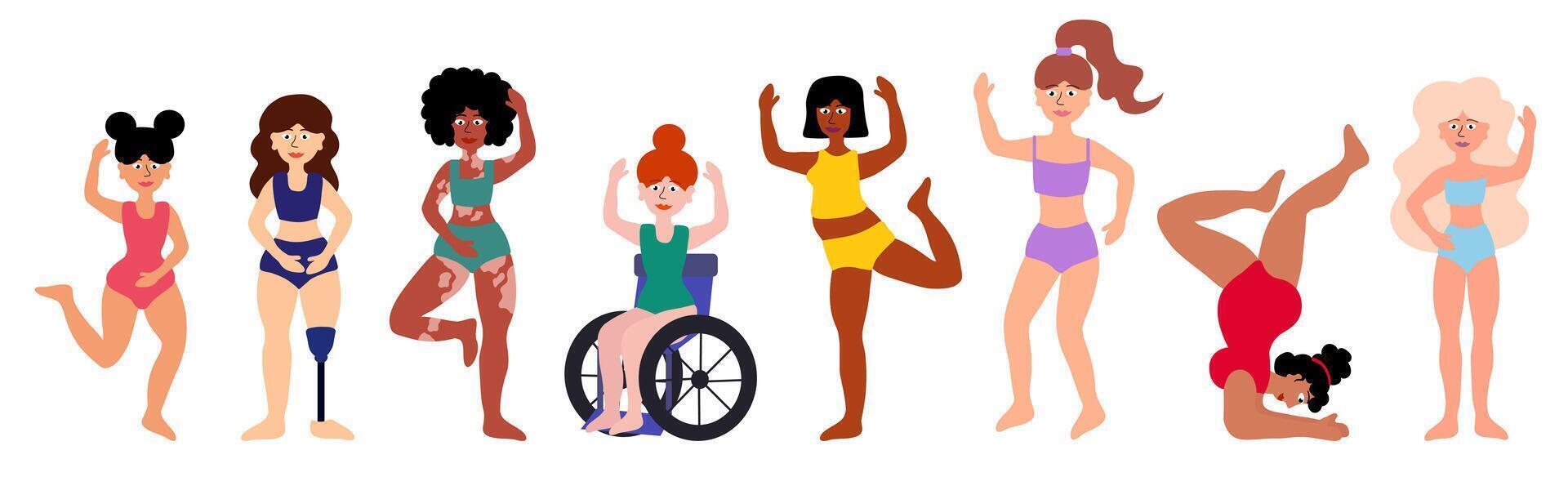Body positive concept. Women of different ages, skin colors, ethnic groups, body types. Disability, vitiligo, prosthesis. Girls in swimsuits standing together. Cartoon flat vector illustration.