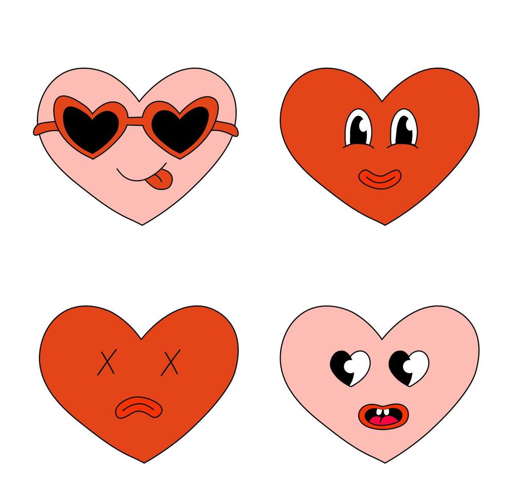 Set Hearts Characters for Valentine Day. Hearts in sunglasses, smile and sad dead. Mascot in groovy and Y2k style. Vector cartoon illustration.