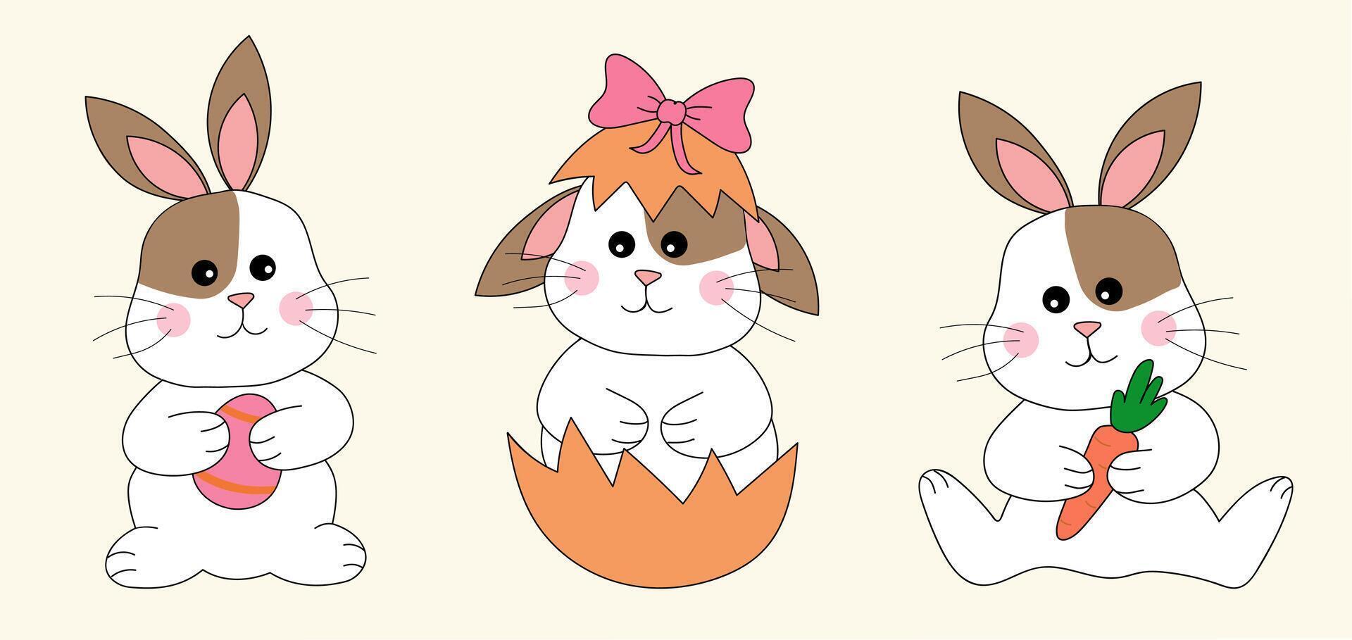 Easter Bunny Rabbits Set. Rabbit with Easter egg and carrot, sits in shell with bow. Happy Easter. Vector flat illustration.