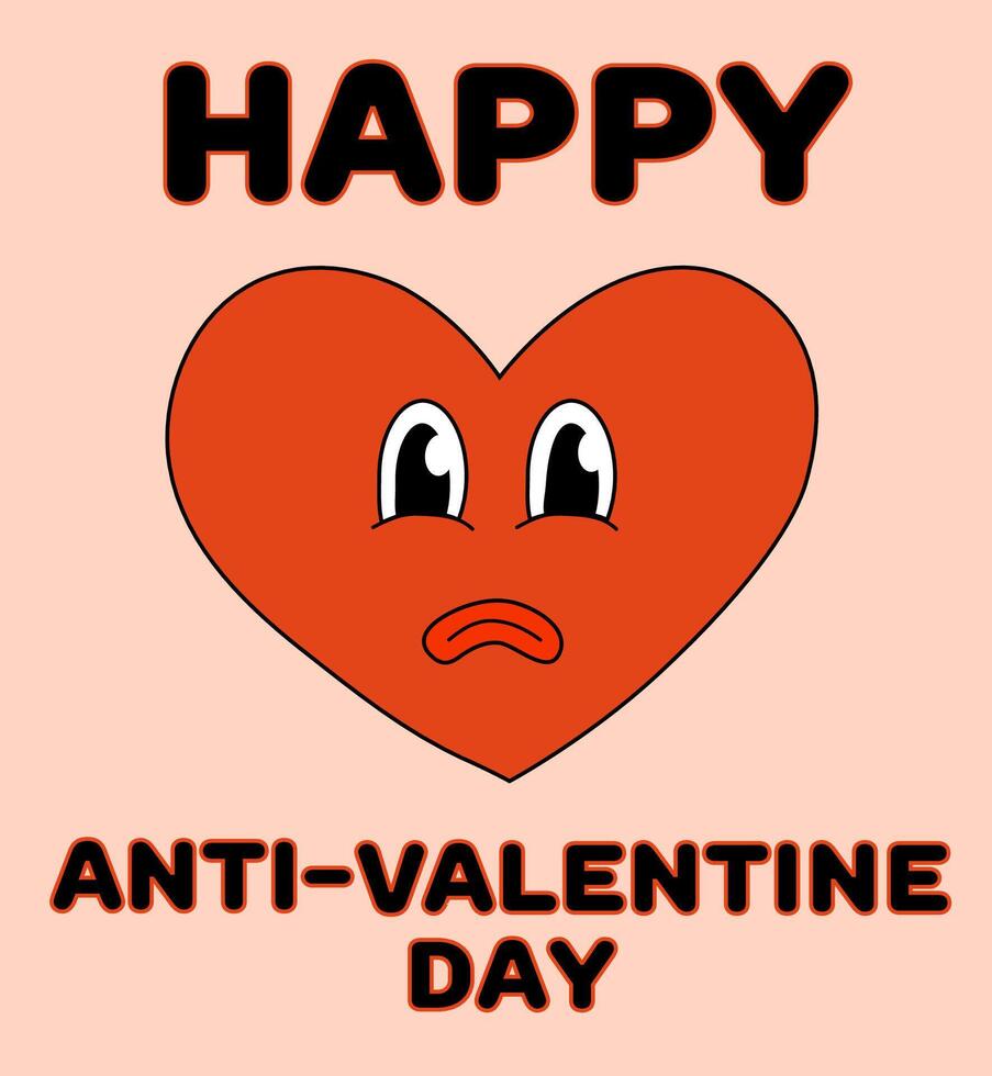 Anti Valentine Day Card. Heart sad. Mascot in groovy and Y2k style. Greeting cards, template, posters, prints, party invitations and backgrounds. Vector flat illustration.