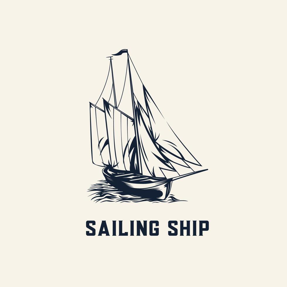 Vintage nautical emblem sailing ship in monochrome style isolated vector illustration