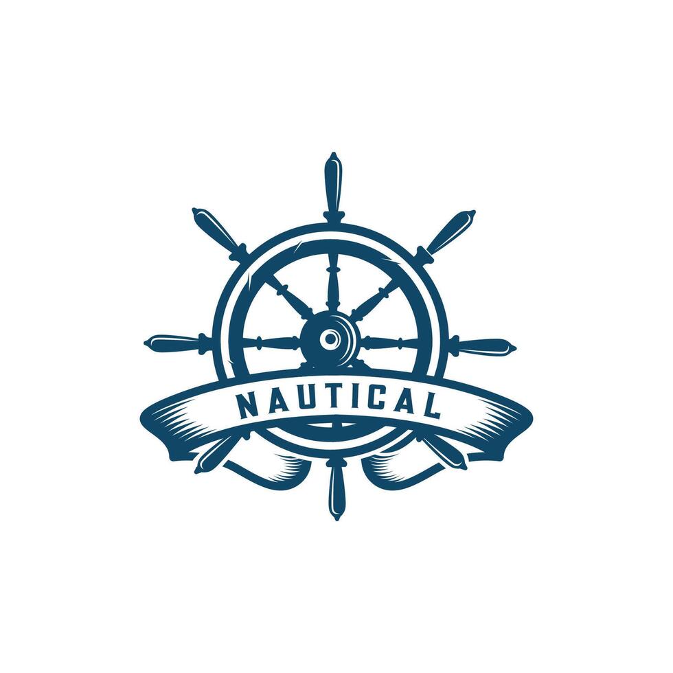 Cruise ship rudder logo design with ribbon vintage style. Logo for business, sailors, sailing. vector