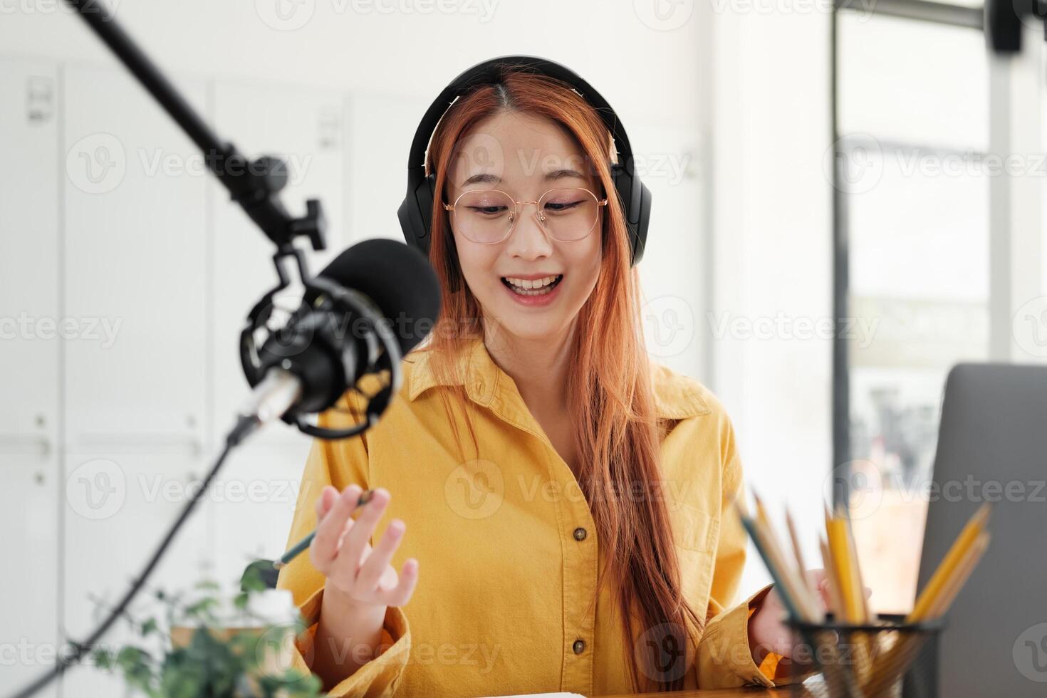Live Podcast Session with Smiling Female Host photo