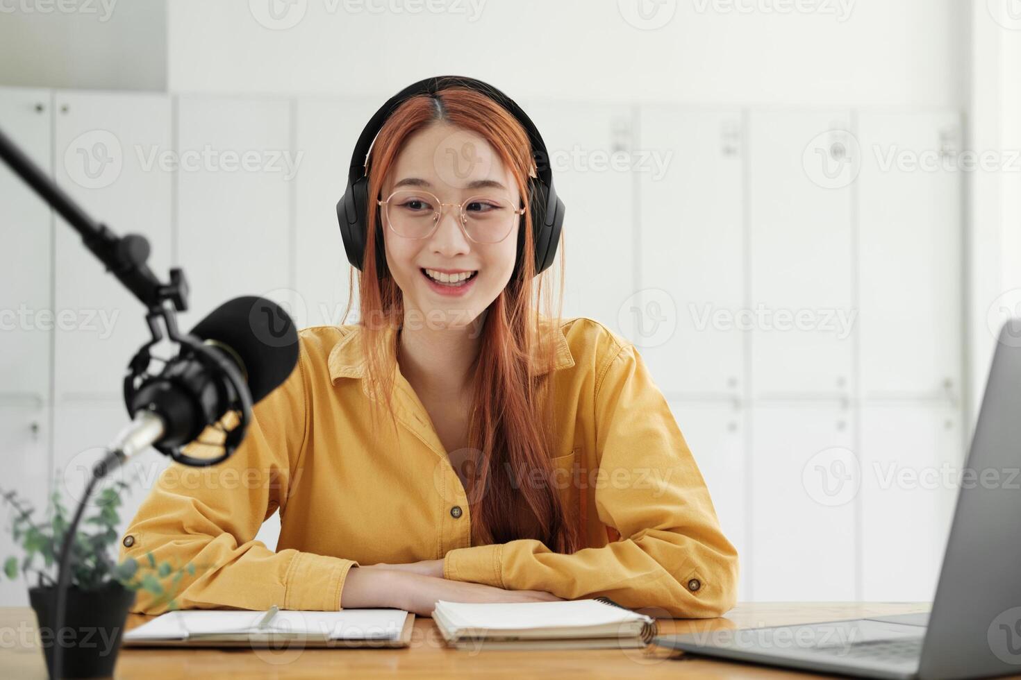 Live Podcast Session with Smiling Female Host photo