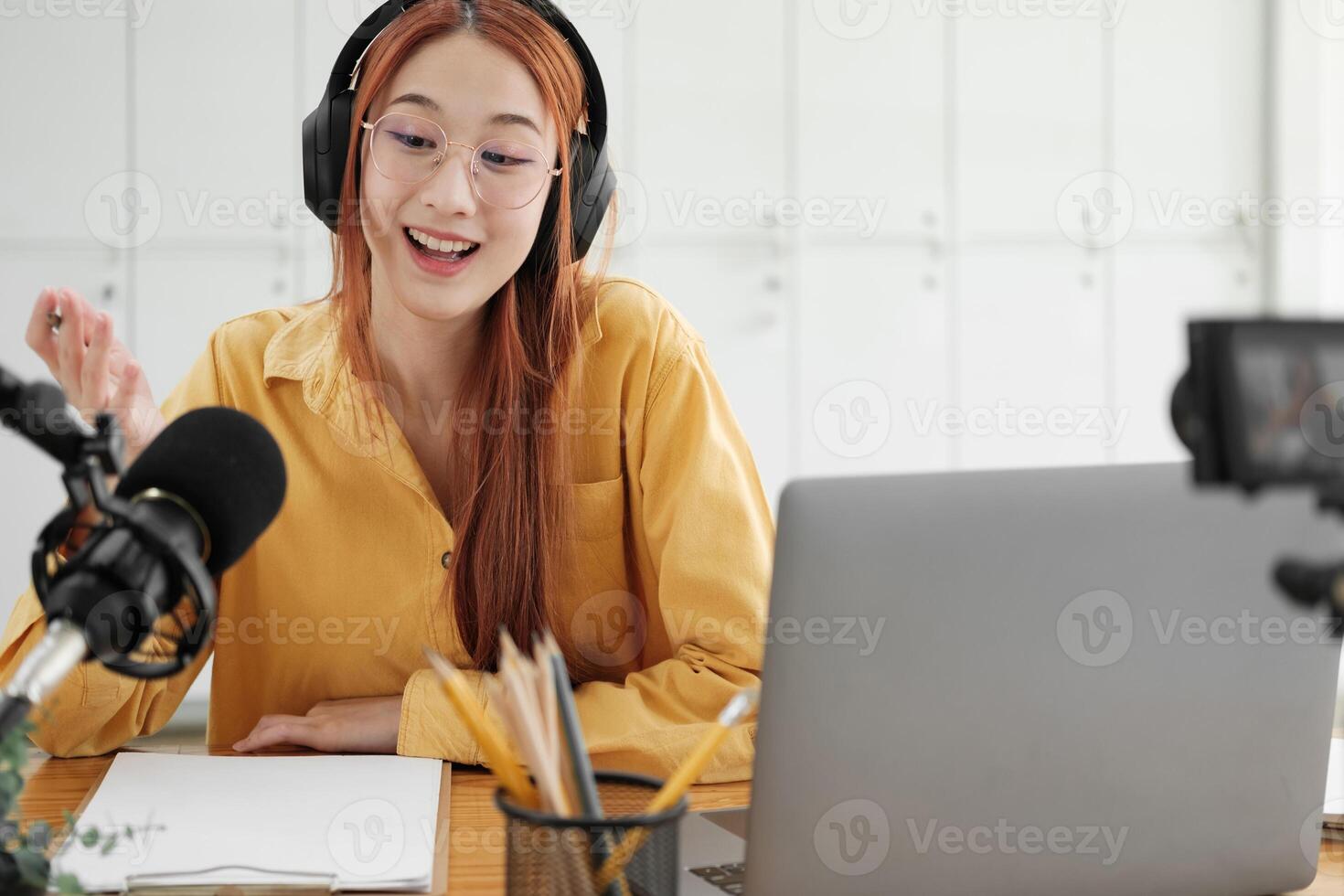 Live Podcast Session with Smiling Female Host photo
