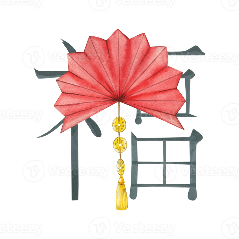 Watercolor illustration. Composition for Chinese New Year from a red fan with a gold pendant and a hieroglyph hand-painted in watercolor. For printing on fabric and paper, for cards and invitations png