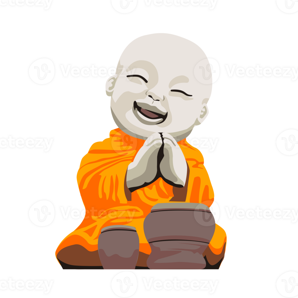 wenig Buddha mit Trommel. Buddhist Mönch Karikatur Charakter Statue. png