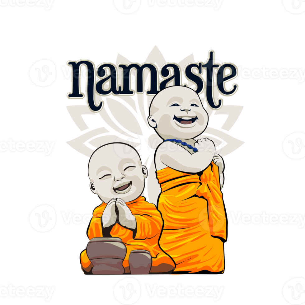 Namaste. happy little buddhas stand up with drum. Buddhist monks cartoon character statue. png