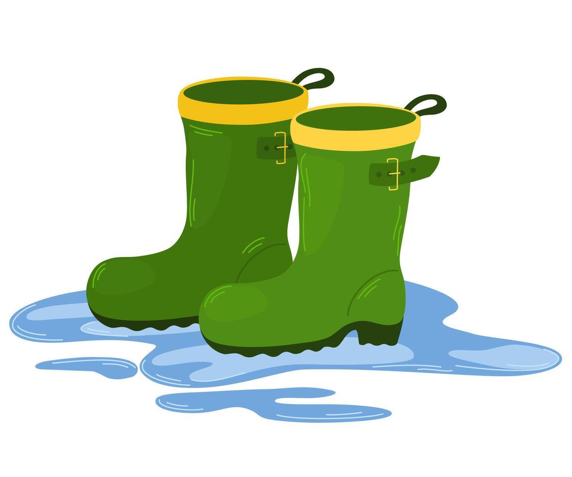 Green high clean rubber boots with a puddle of water. Gardening, autumn, spring season. Hand drawn, vector illustration isolated on white