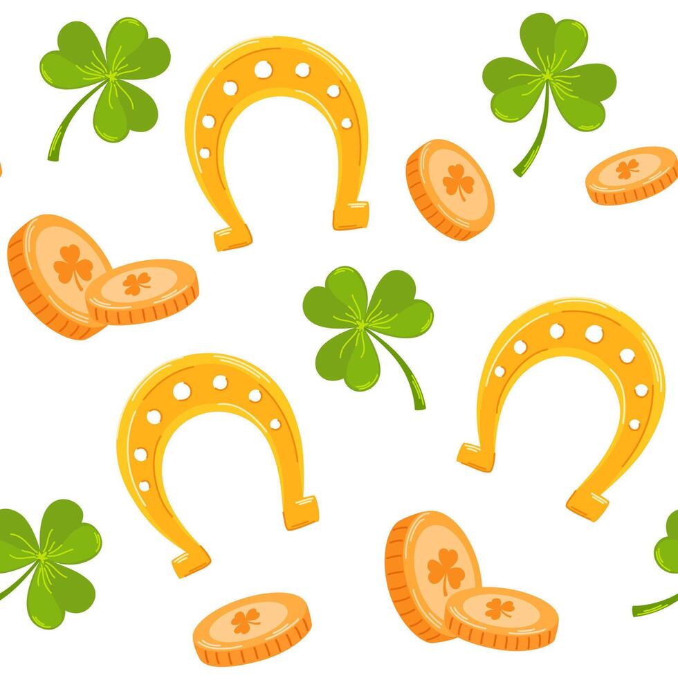 St.Patrick's Day seamless pattern. Hand draw holiday elements clover, horseshoe, coins. Vector hand draw illustration.