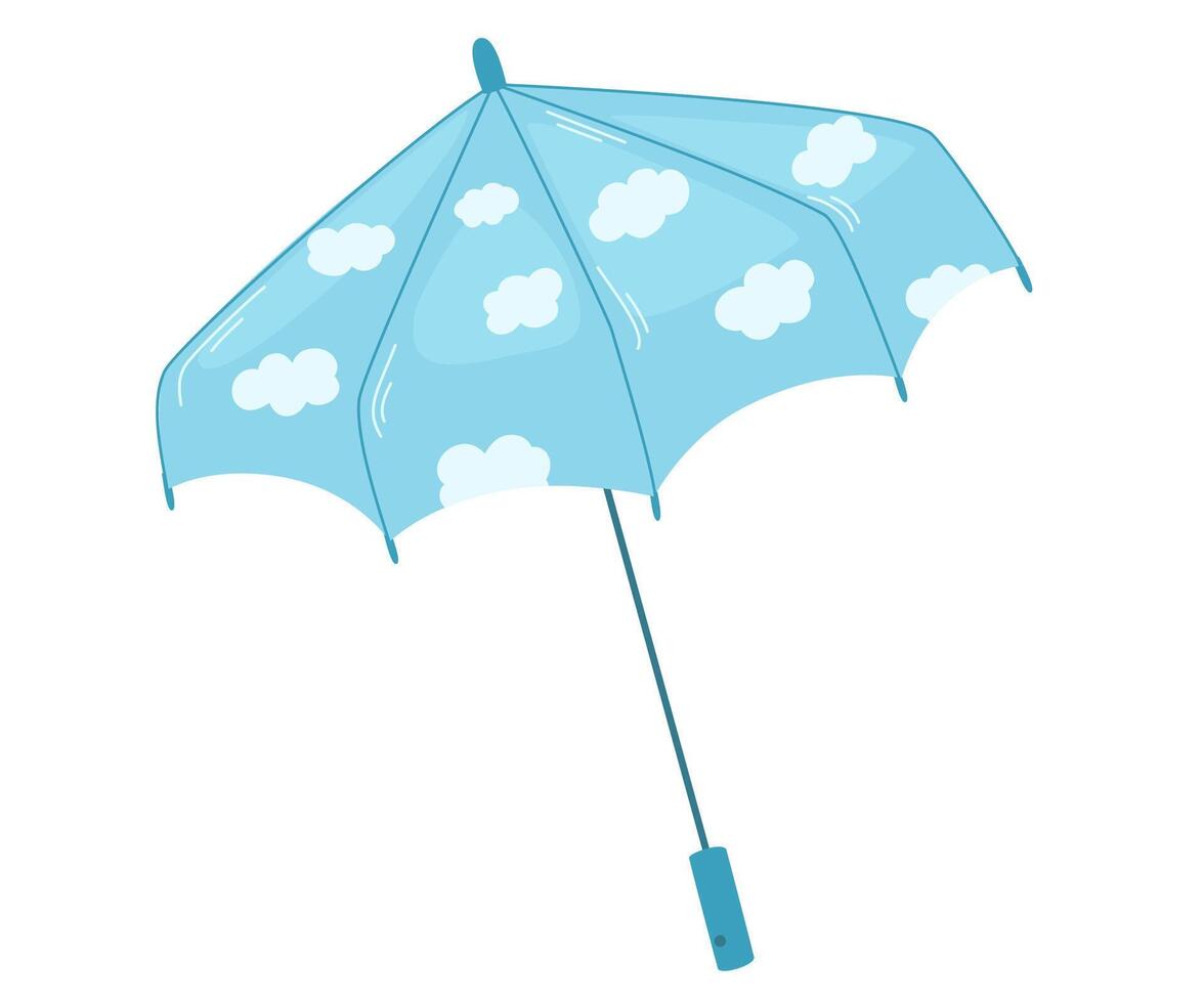 Blue umbrella with clouds. Rainy seasonal parasols. Protecting accessories. Autumn, spring season. Hand drawn vector illustration isolated on white