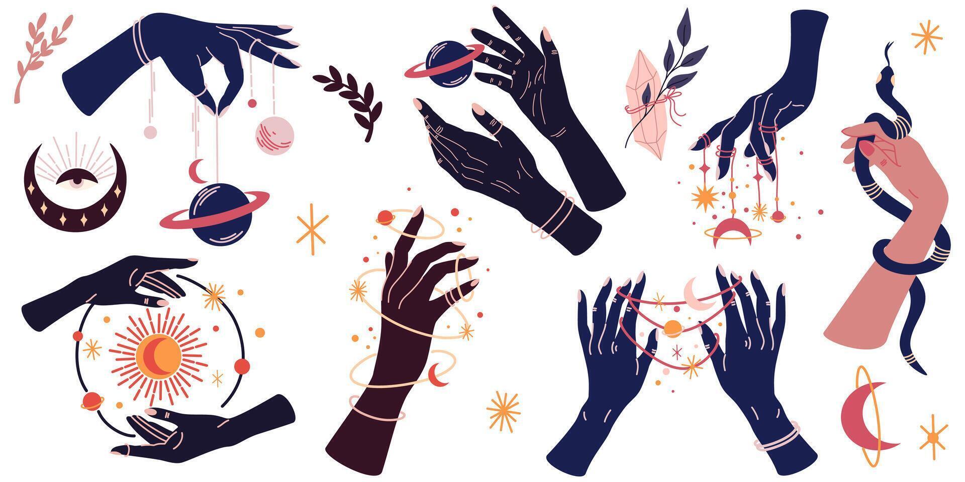 Magic woman hands set. Mystic female hands with planets, star, moon and sun. Celestial bodies in feminine palms, esoteric.  Astrology tattoo elements. Vector illustration  hand drawn style.