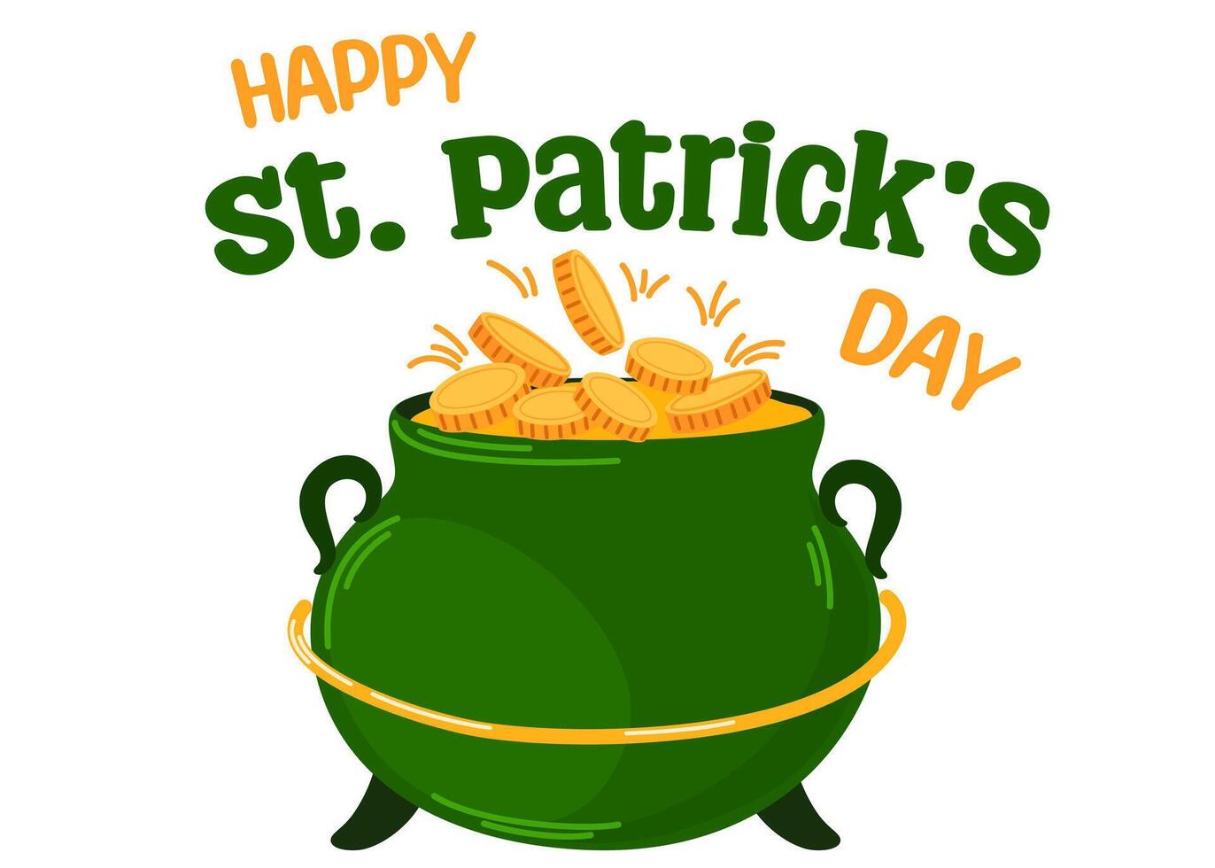 St. Patrick's Day greeting poster. Cauldron with money and coins. Vector hand draw illustration.