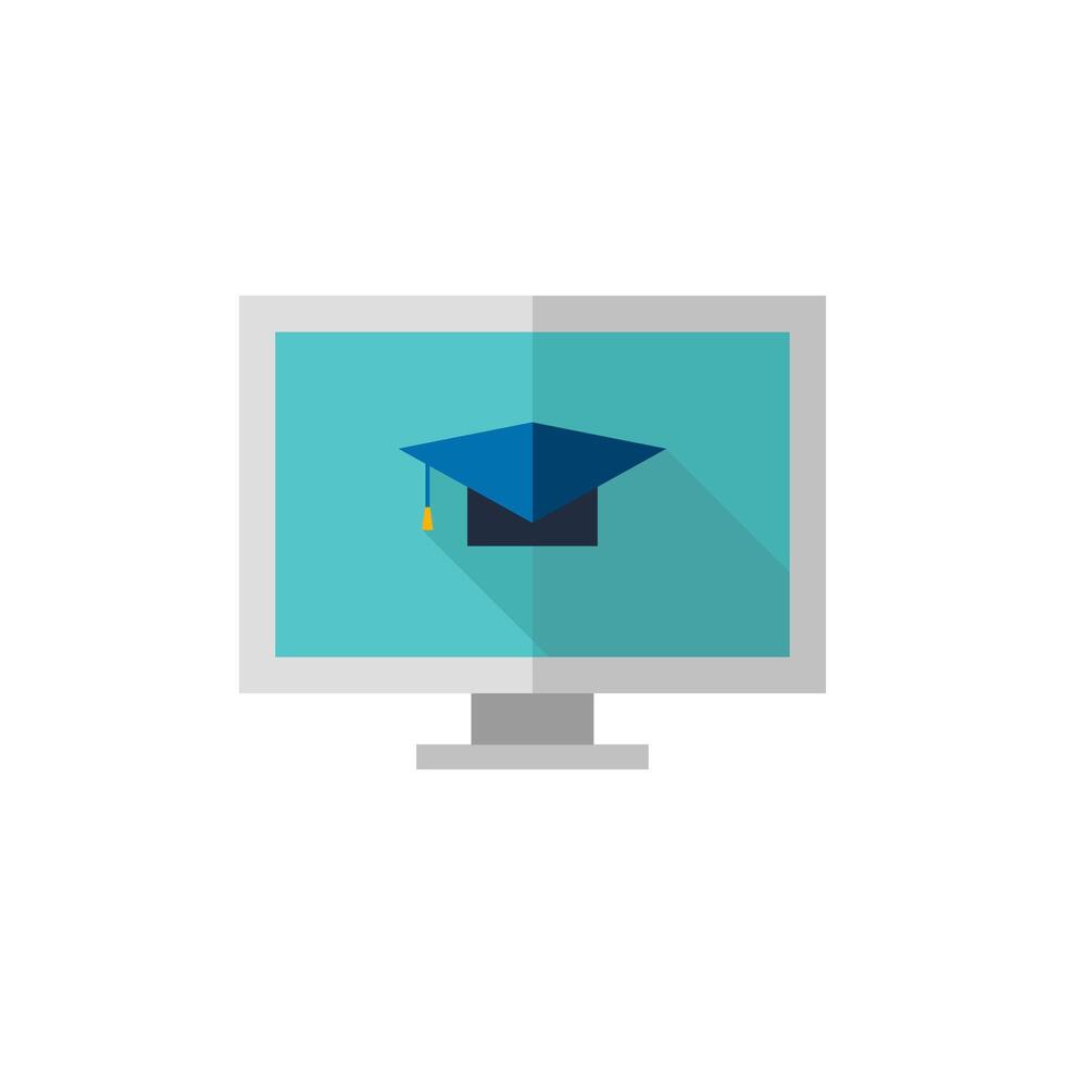 Online education icon in flat color style. Education college student success graduation diploma online elearning webinar internet vector