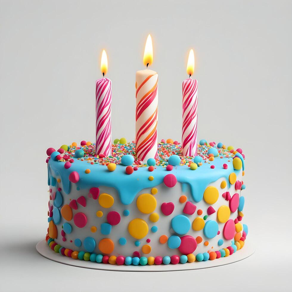 ai generado 3d cumpleaños pastel con vela y decoración asperja, rosado pastel emojis foto
