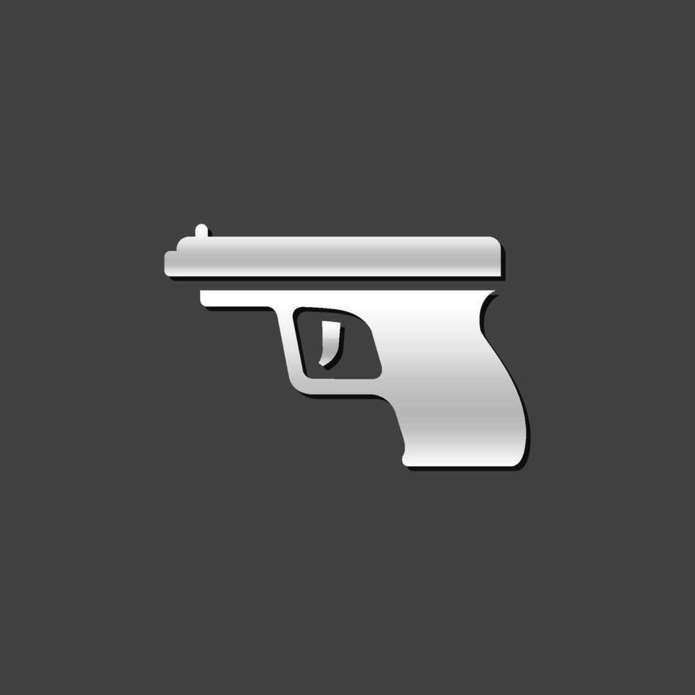 Arm gun icon in metallic grey color style. Automatic pistol weapon vector