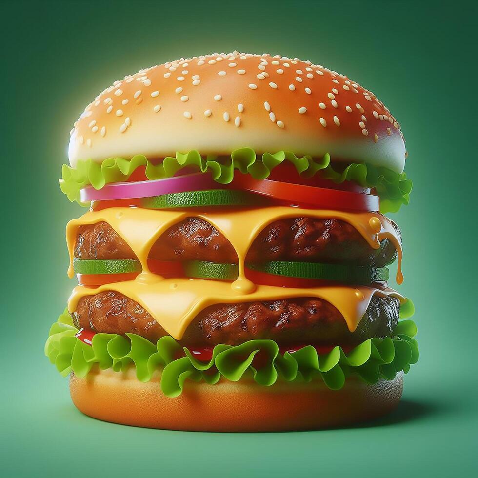 AI generated Burger on plain and green colored background style photo