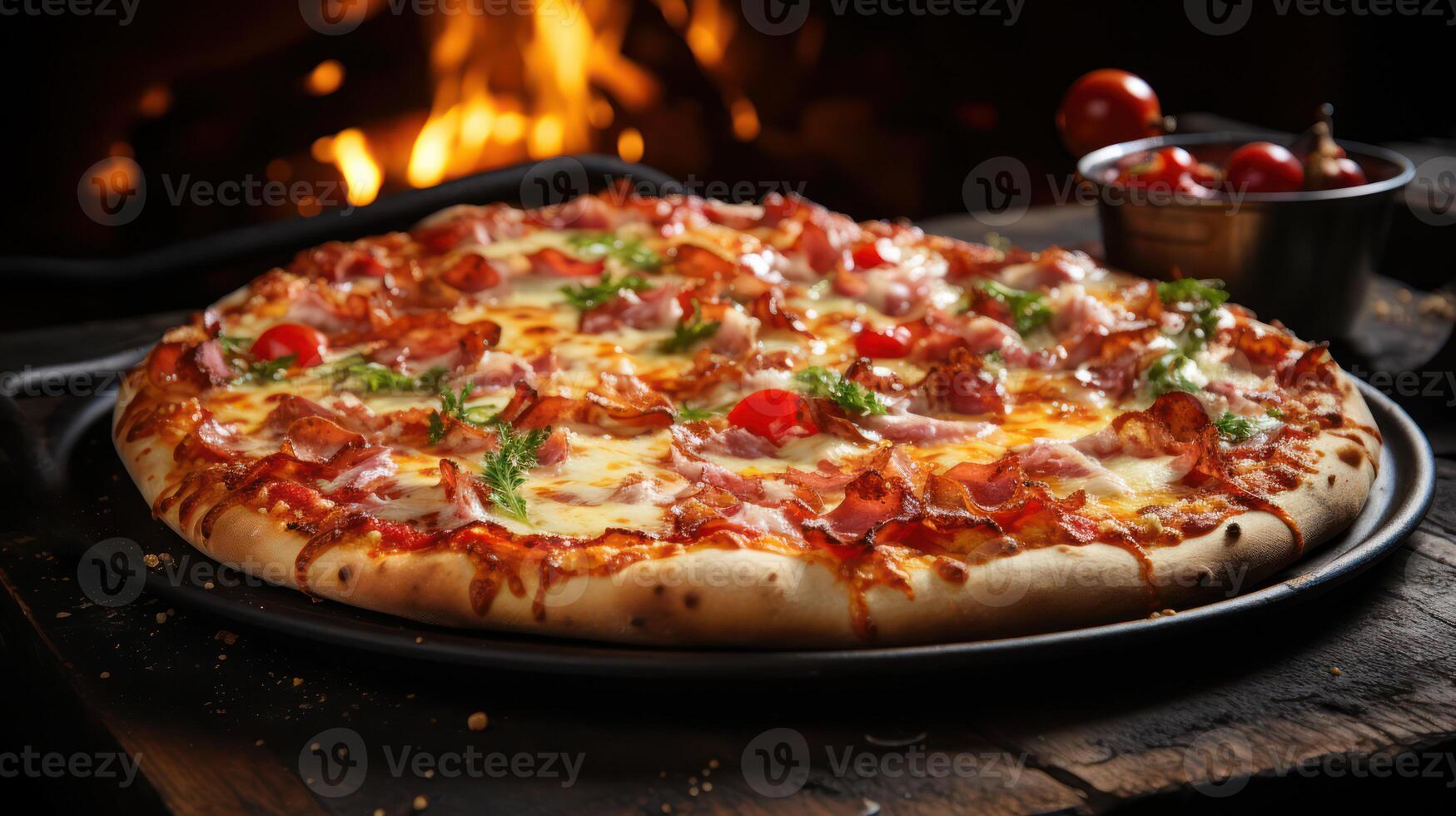 AI generated Sizzling hot pizza with golden cheese, pepperoni, and ham, garnished with fresh herbs, served on a rustic wooden table by a cozy fire. photo