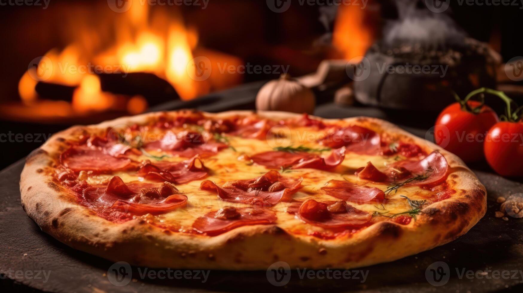 ai generado Agua en la boca madera despedido Pizza con un Perfecto mezcla de Derretido queso, pepperoni, y Fresco hierbas, Listo a ser disfruté por un brillante hogar foto