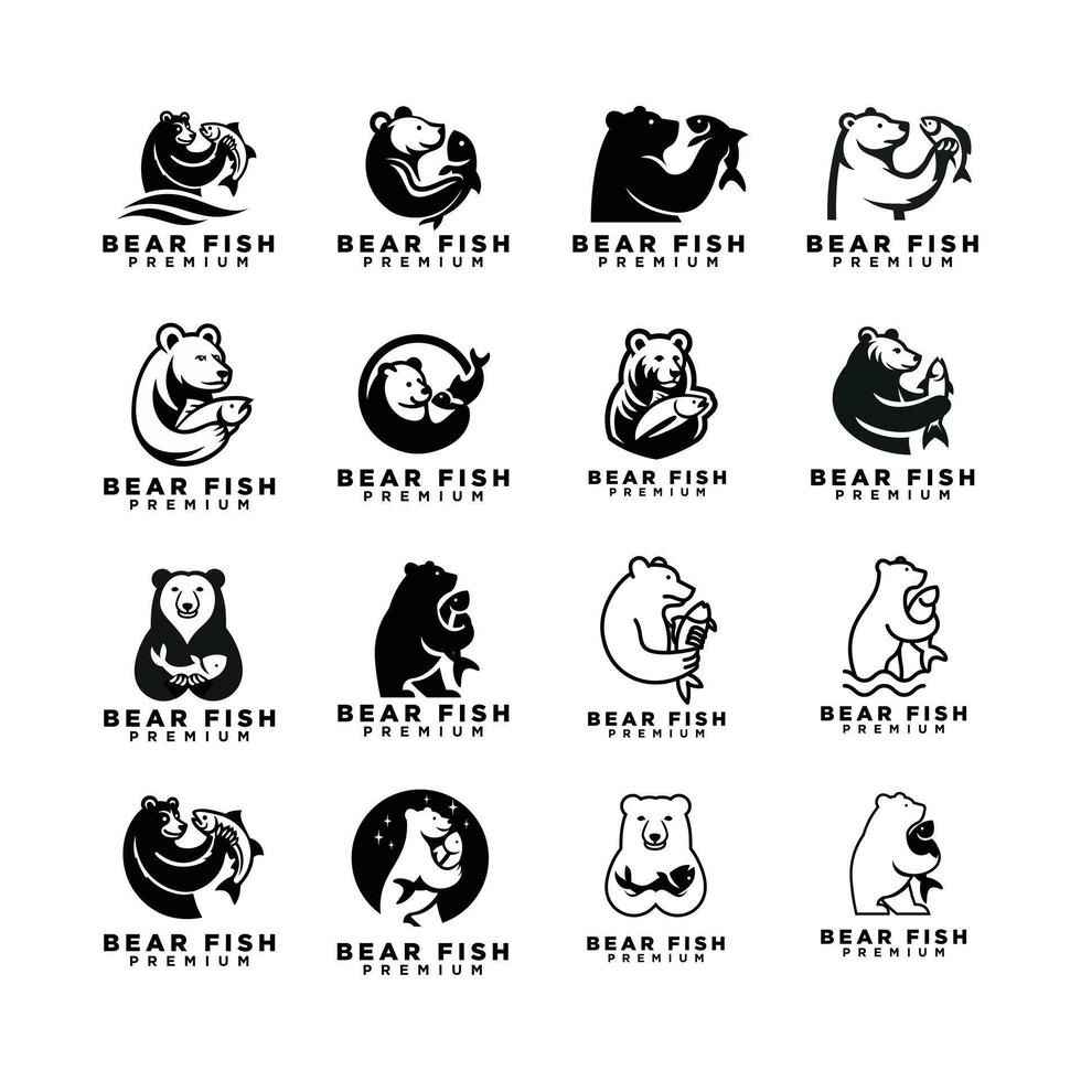 Bear Holding fish logo icon design illustration vector