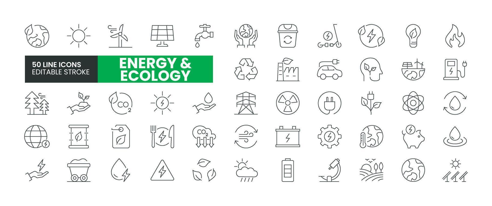 Set of 50 Energy and Ecology line icons set. Energy and Ecology outline icons with editable stroke collection. Includes Ecology, Energy Consumption, Recycle, Think Green, Solar Energy, and More. vector