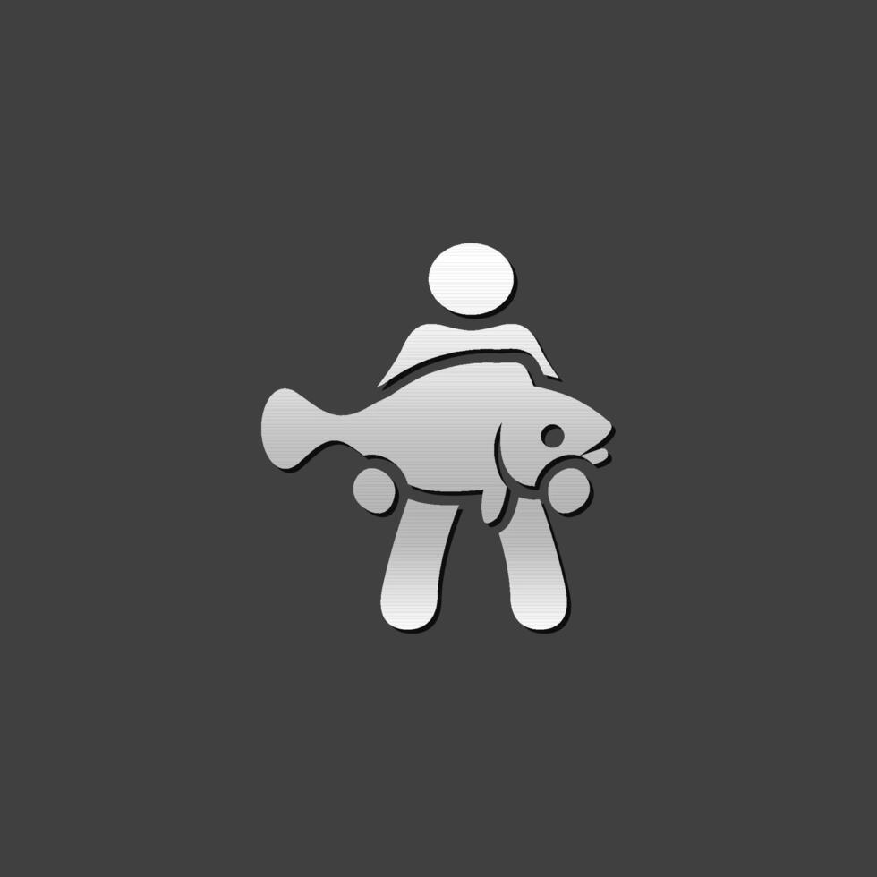 Man holding fish icon in metallic grey color style. Fishing fisherman catch vector